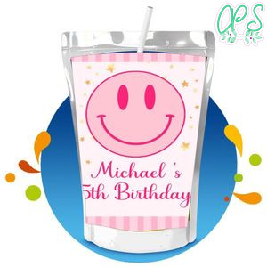 Preppy Pink Smiley Capri Sun Birthday Labels Digital File Printable Instant Download