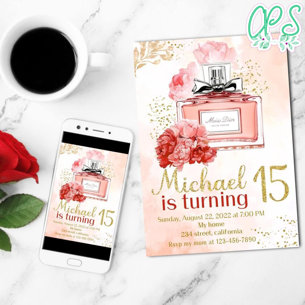 Printed & Posted Miss Dior Perfume Personalised Birthday Mobile Invite Customizable Template Instant Download