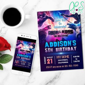 Godzilla Kong New Empire Birthday Flyer Customizable Template to Print at Home Instant Download