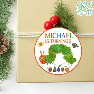 Hungry Caterpillar Circle Sticker Template Customizable to Print at Home Instant Download