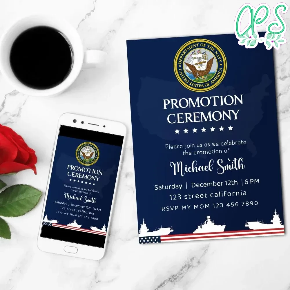 Navy Promotion Invitation Customizable Template | CustomPartyShirts