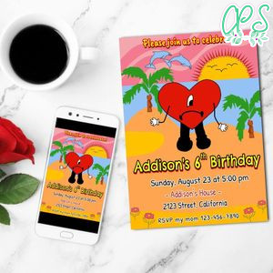 Bad Bunny Birthday Invitation Customizable Template to Print at Home Instant Download