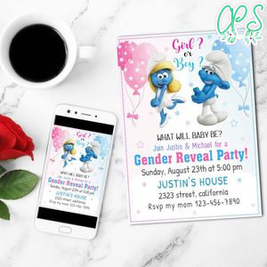 Smurf And Smurfette Gender Reveal Mobile Invite Customizable Template Instant Download
