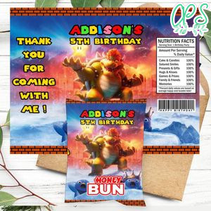 Bowser Birthday Honey Buns Snack Bag Label Customizable Instant Download