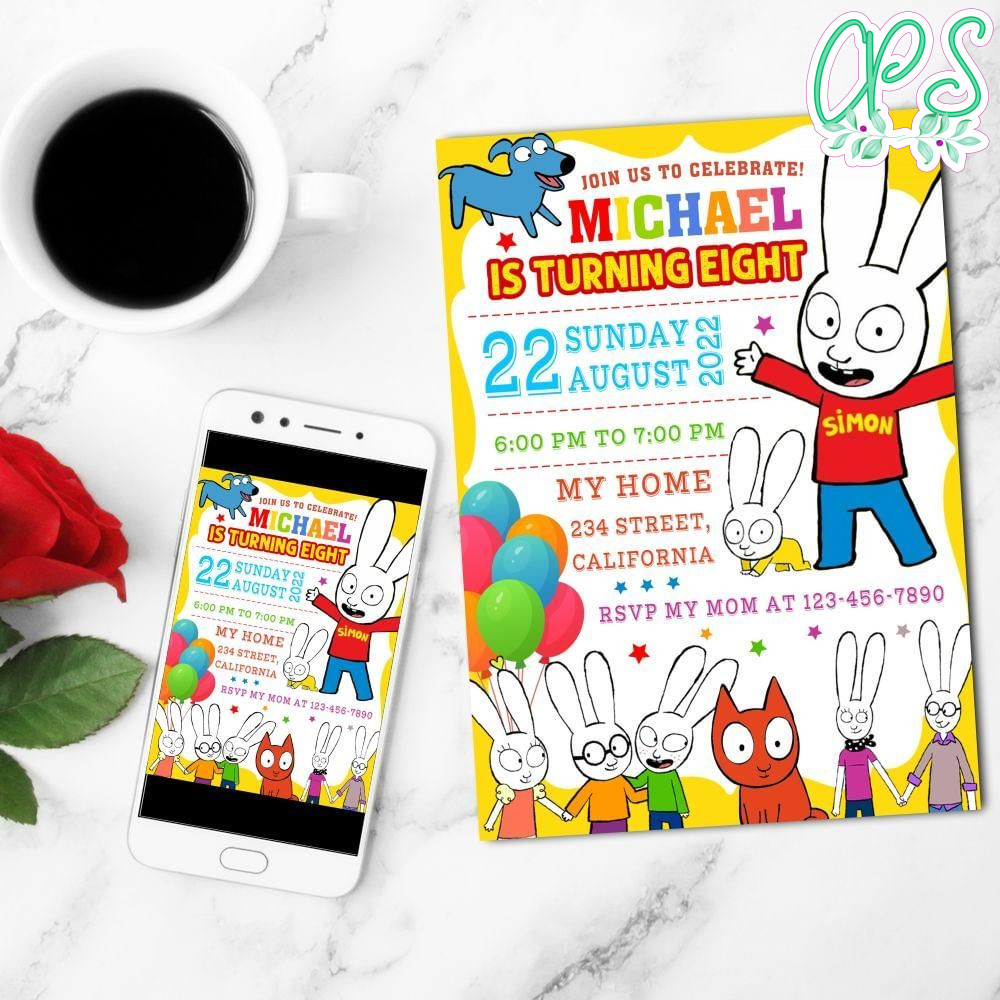Simon The Rabbit Birthday Mobile Invite Customizable Template Instant Download