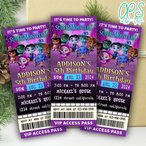 Super Monster Ticket Invitation Customizable Template Instant Download