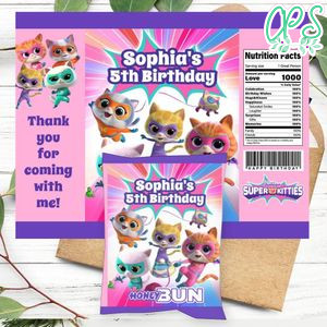 Super Kitties Birthday Honey Buns Snack Bag Label Customizable Instant Download