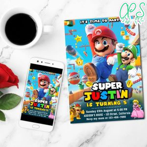 Super Mario Birthday Mobile Invite Customizable Template Instant Download