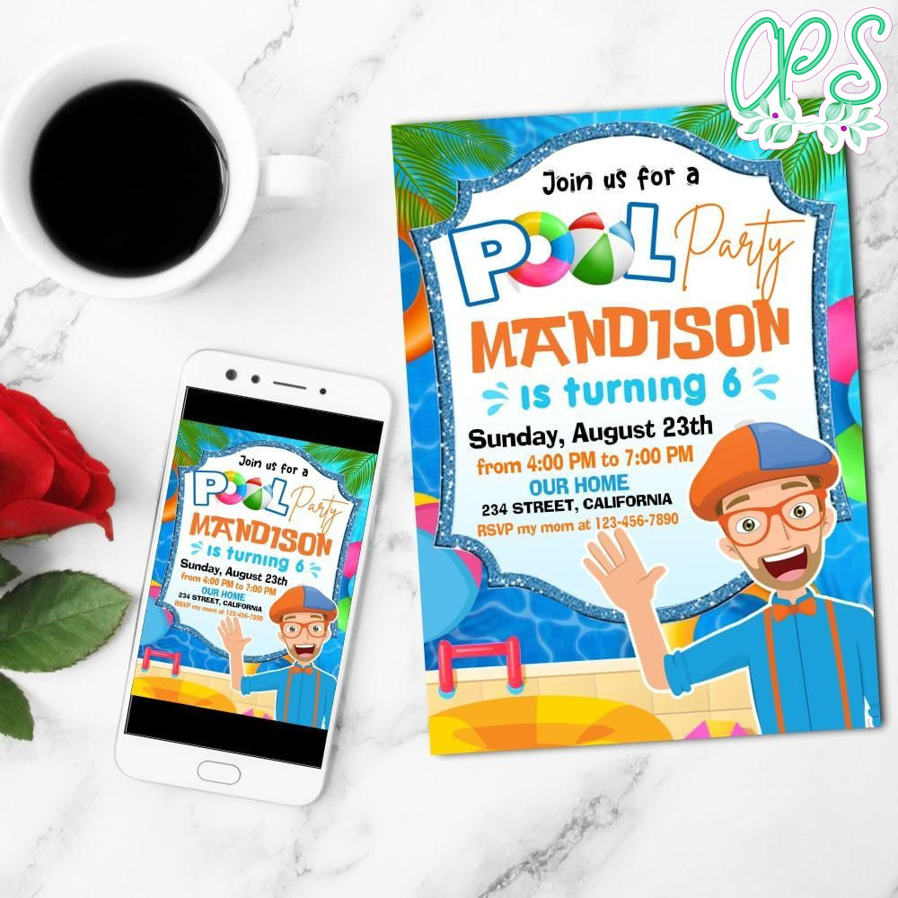 Blippi Pool Party Mobile Invite Customizable Template Instant Download