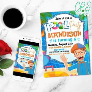 Blippi Pool Party Mobile Invite Customizable Template Instant Download