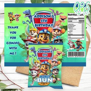 Dino Rescue Birthday Honey Buns Snack Bag Label Customizable Instant Download