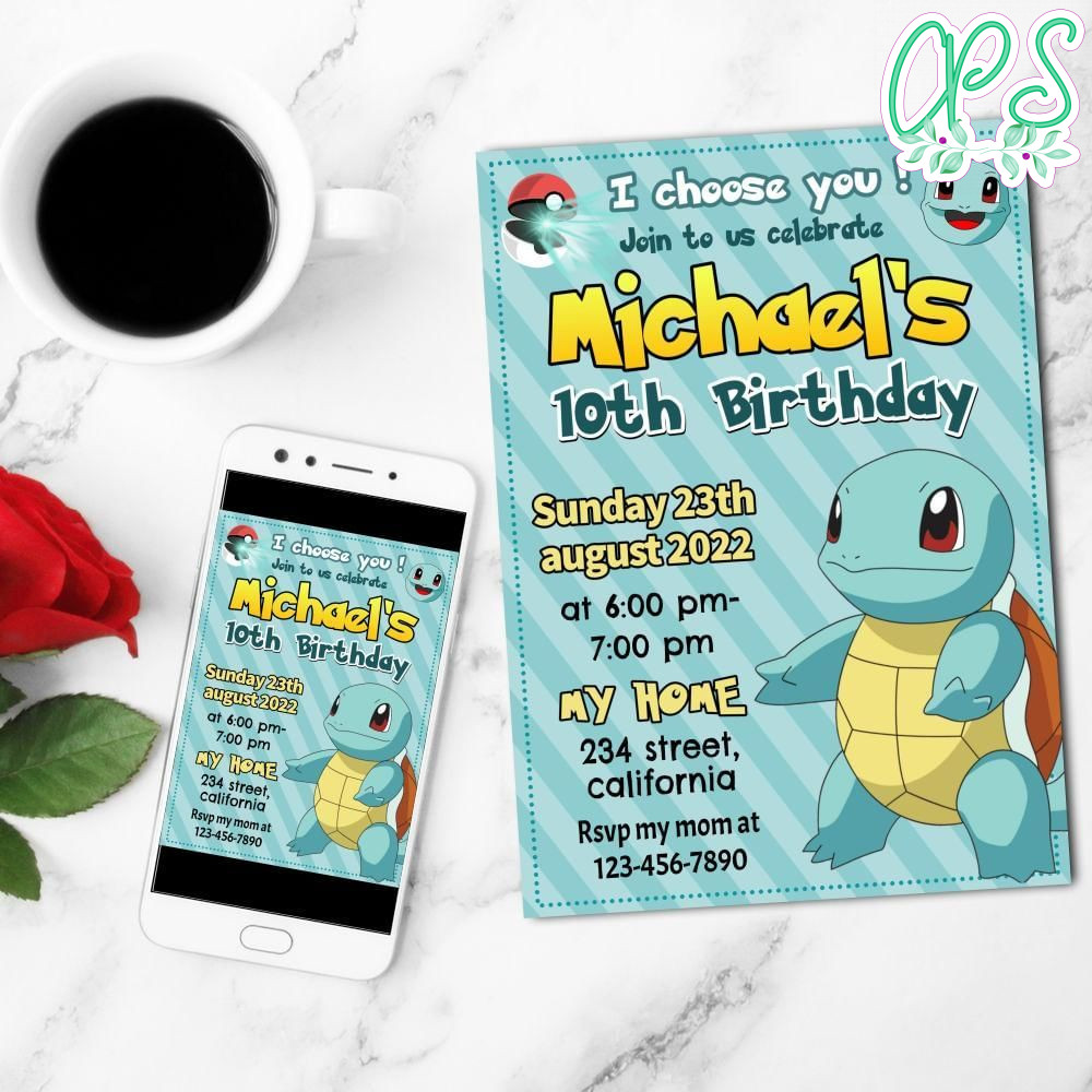 Squirtle Birthday Party Mobile Invite Customizable Template Instant Download