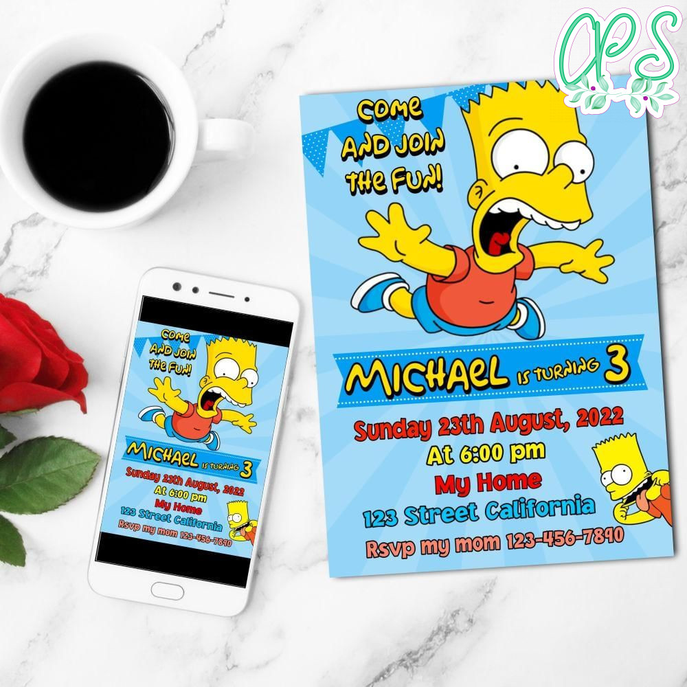 Bart Simpson Birthday Mobile Invite Customizable Template Instant Download