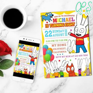Simon The Rabbit Birthday Invitation Customizable Template to Print at Home Instant Download
