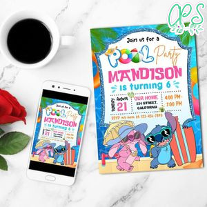 Stitch And Angel Pool Party Mobile Invite Customizable Template Instant Download