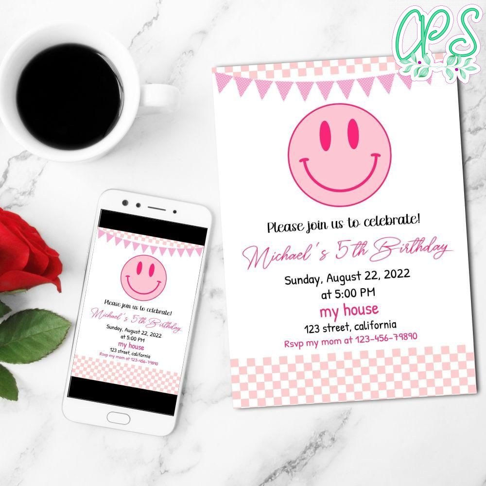 Preppy Pink Smiley Face Mobile Invite Customizable Template Instant Download
