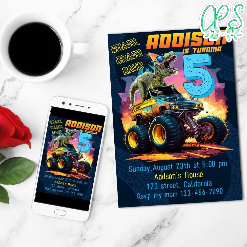 T Rex Dinosaur Monster Truck Mobile Invite Customizable Template Instant Download