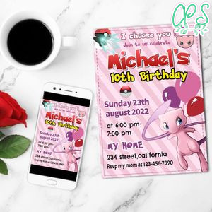 Pokemon/mew Birthday Party Mobile Invite Customizable Template Instant Download