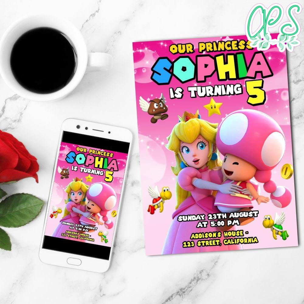 Princess Peach Birthday Mobile Invite Customizable Template Instant Download