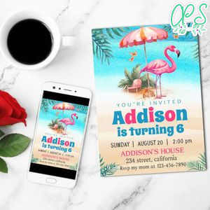 Flamingo beach Invitation Customizable Template to Print at Home Instant Download