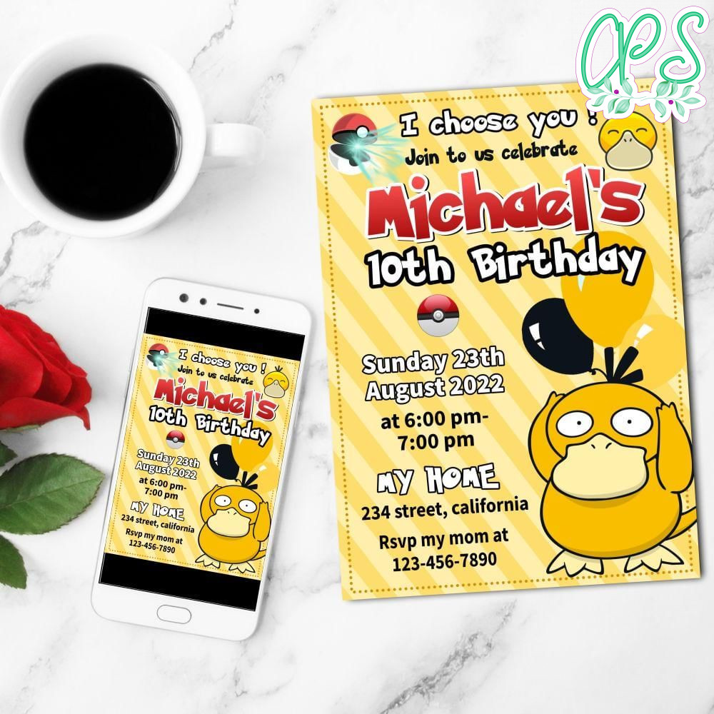 Psyduck Birthday Party Mobile Invite Customizable Template Instant Download
