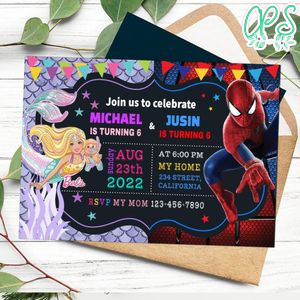 Barbie Mermaid and Spiderman Invitation Customizable Template to Print at Home Instant Download