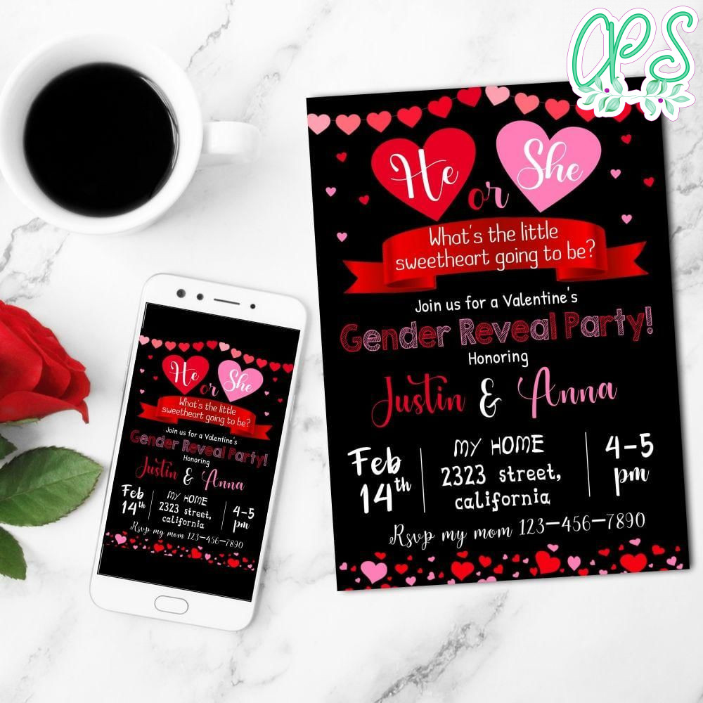 Valentine's Day Gender Reveal Mobile Invite Customizable Template Instant Download