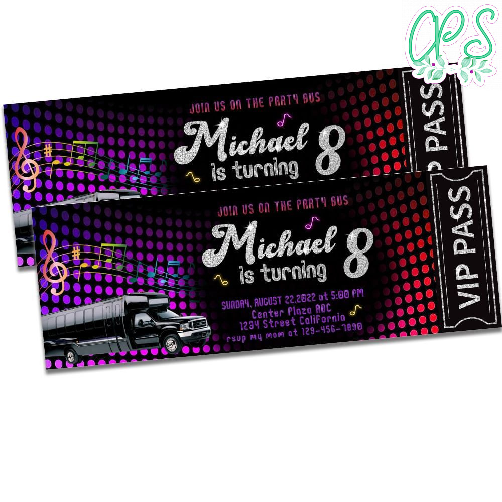 Party Bus Ticket Invitation Customizable Template DIY CustomPartyShirts Studio