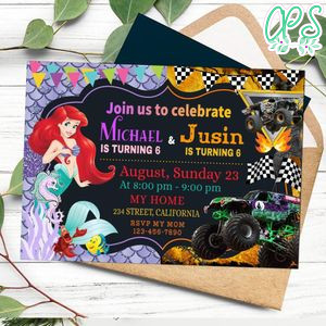 Little Mermaid and Monster Truck Invitation Customizable Template to Print at Home Instant Download