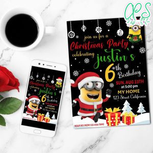 Fantastic Minions Christmas Party Birthday Mobile Invite Customizable Template Instant Download