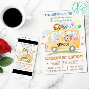 School Bus Animals Mobile Invite Customizable Template Instant Download