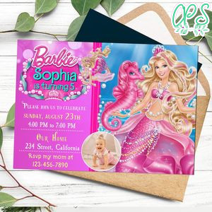 Sirena barbie Birthday Invitation with Photo Customizable Template to Print at Home Instant Download