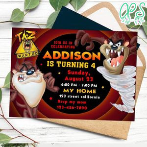 Tasmanian Devil Birthday Flyer Customizable Template to Print at Home Instant Download