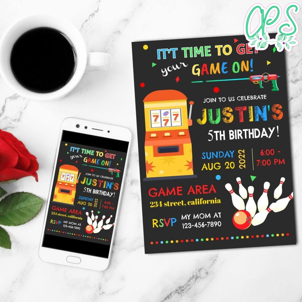 Main Event Laser Tag Bowling Arcade Birthday Mobile Invite Customizable Template Instant Download