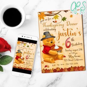 Winnie The Pooh Thanksgiving Birthday Flyer Customizable Template to Print at Home Instant Download