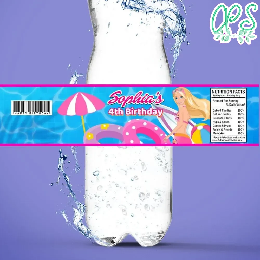 Barbie Pool Party Birthday Water Bottle Label Template | CustomPartyShirts