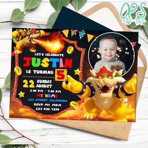 Bowser Birthday Invitation with Photo Customizable Template to Print at Home Instant Download
