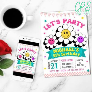 Smiley Flower Mobile Invite Customizable Template Instant Download