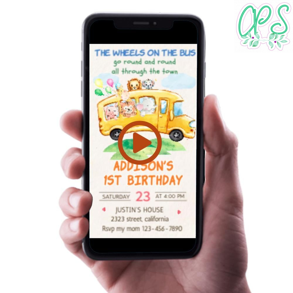 School bus animals Birthday Video Invitation Digital Template Customizable Instant Download