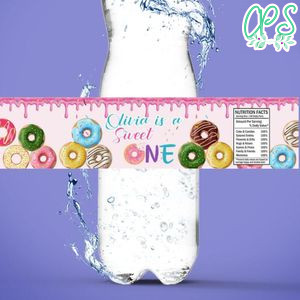 Sweet doughnut Birthday Water Bottle Label Template to Print at Home Instant Download