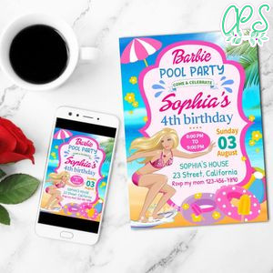 Barbie Pool Party Mobile Invite Customizable Template Instant Download