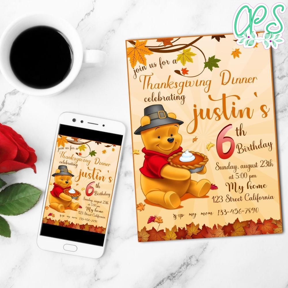 Great Winnie The Pooh Thanksgiving Birthday Mobile Invite Customizable Template Instant Download