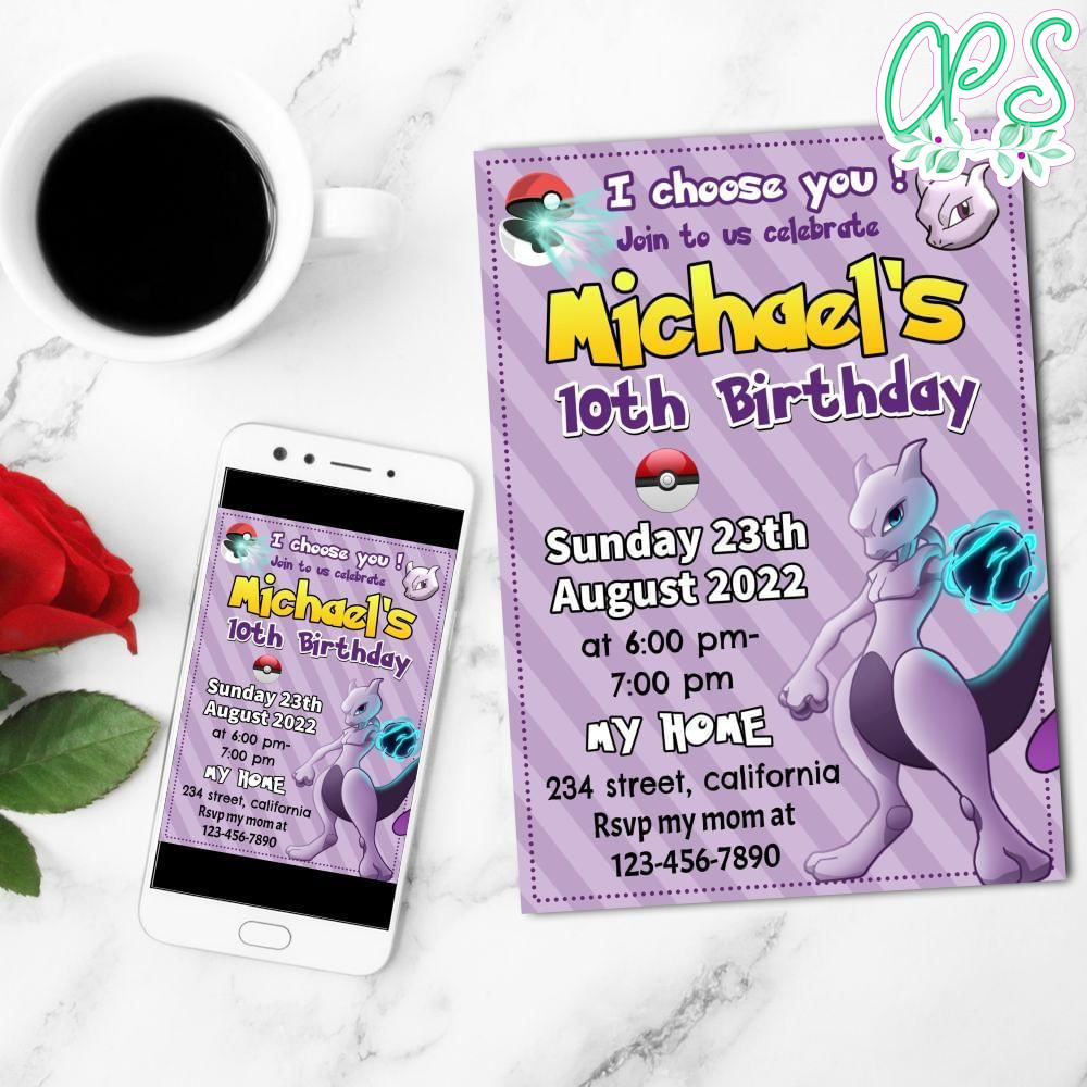 Mewtwo Birthday Party Mobile Invite Customizable Template Instant Download