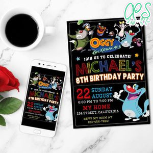 Oggy And The Cockroaches Mobile Invite Customizable Template Instant Download