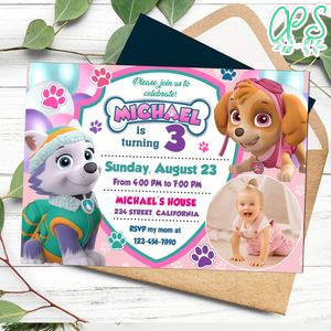 Skye and Everest Birthday Invitation with Photo Customizable Template to Print at Home Instant Download