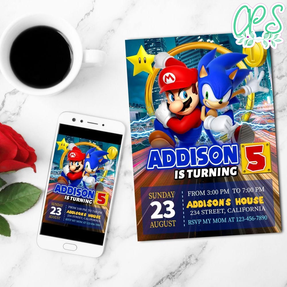 Super Mario Sonic  Birthday Mobile Invite Customizable Template Instant Download
