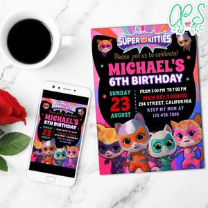 Super Kitties Birthday Invitation Customizable Template to Print at Home Instant Download