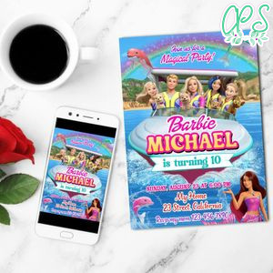Barbie Dolphin Magic Birthday Invitation Customizable Template to Print at Home Instant Download