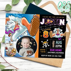 Luffy gear 5 Birthday Invitation with Photo Customizable Template to Print at Home Instant Download