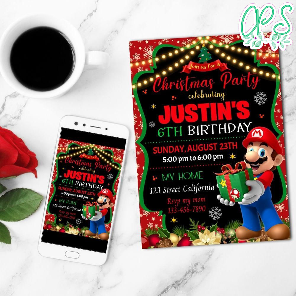 Mario Bros Christmas Birthday Party Mobile Invite Customizable Template Instant Download